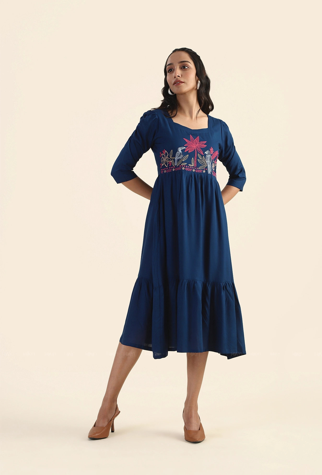 Charming Navy Whispering Toucan with Embroidery Dress Smart Blend Garden Fresh