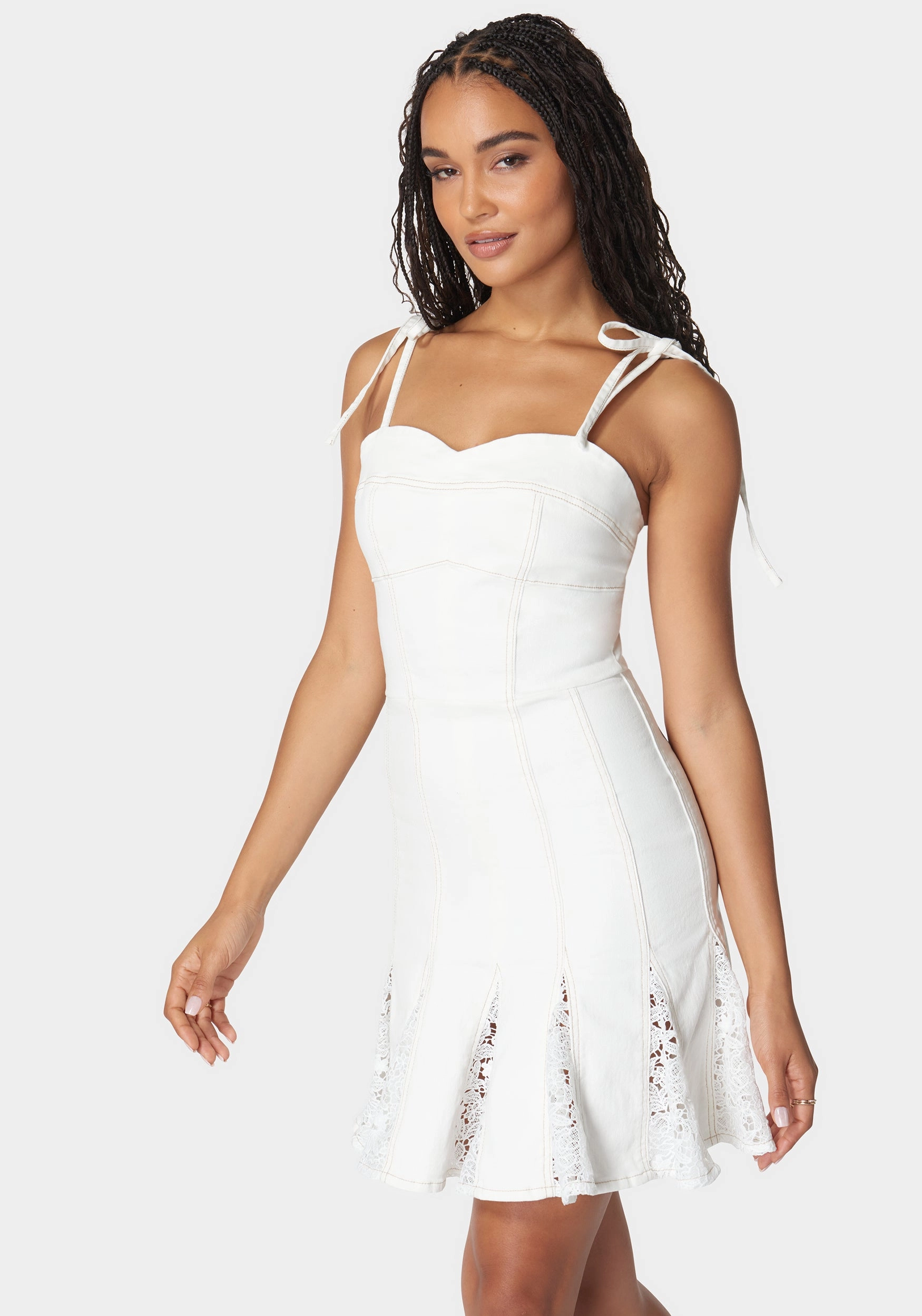 Lace Insert Fit And Flare Denim Dress Work Vibe