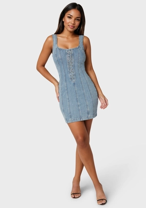 Vibrant Form Soft Colorway Fitted Lace Up Denim Dress
