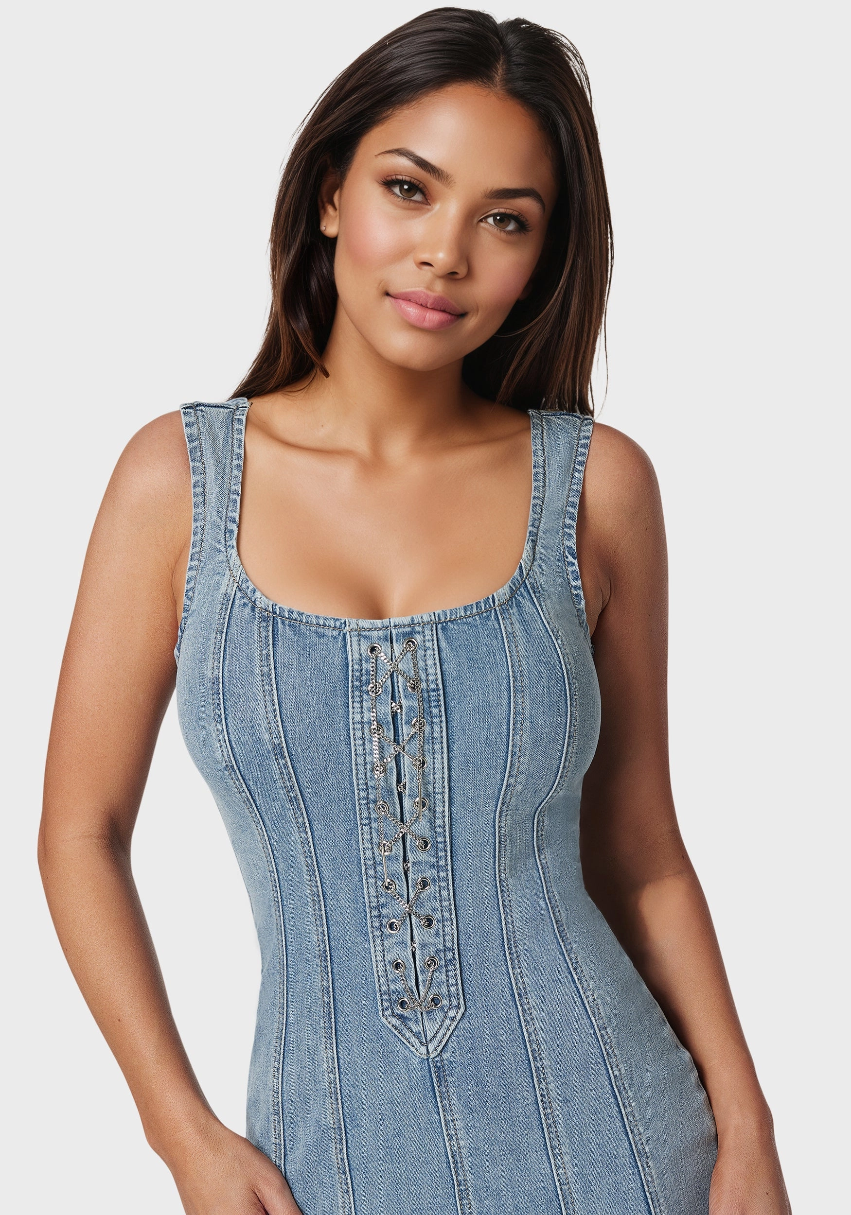 Fitted Lace Up Denim Dress Satin-Sleeve
