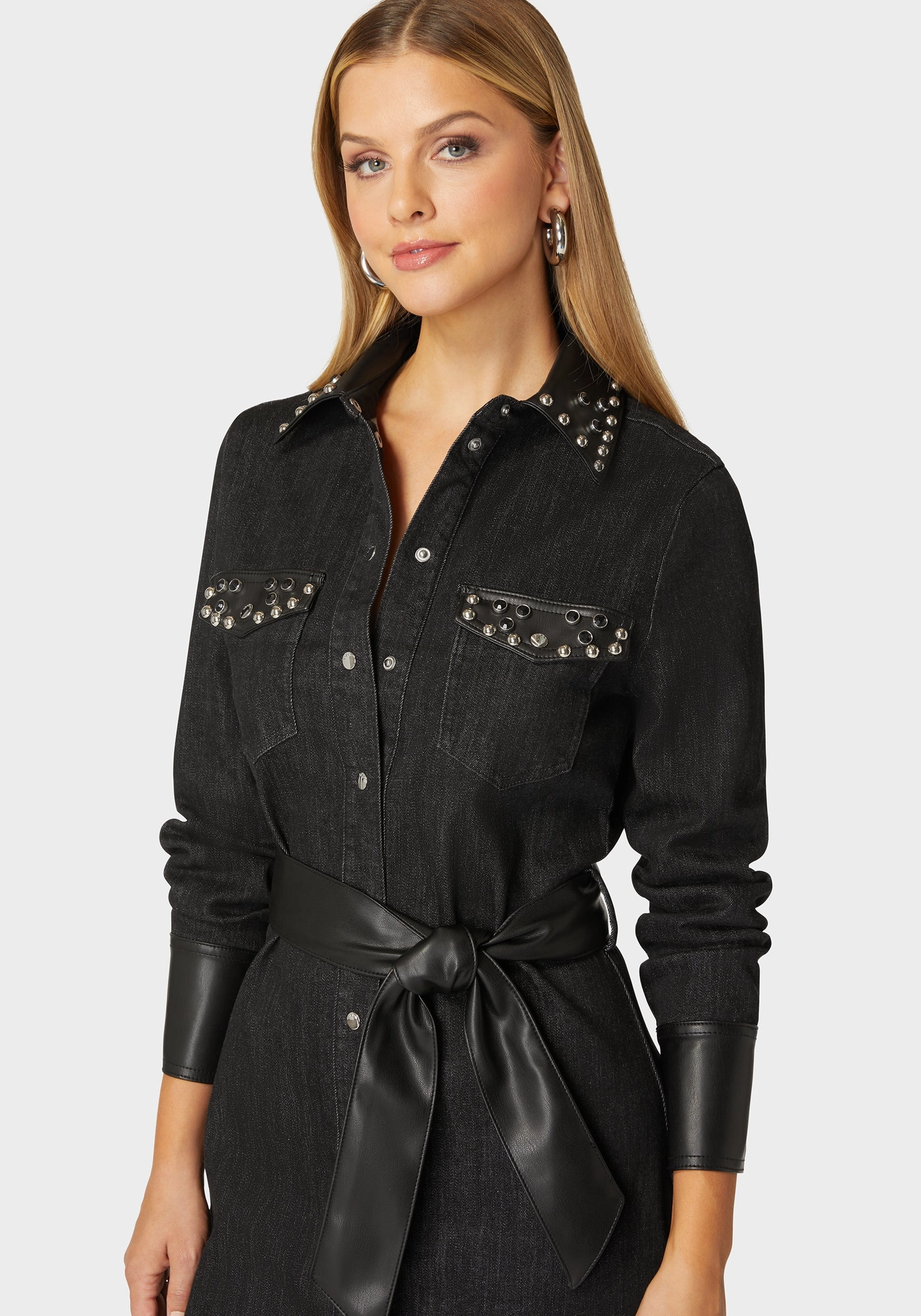 AdjustableStraps Blush Glow Fitted Combo Vegan Leather Studded Denim Shirt Dress