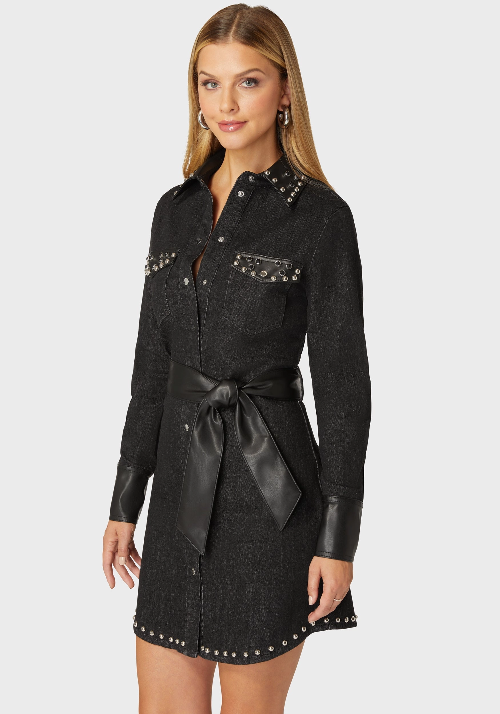 Straight-Cut Fitted Combo Vegan Leather Studded Denim Shirt Dress