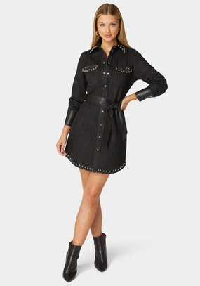 Airy Silk polka-dot Fitted Combo Vegan Leather Studded Denim Shirt Dress