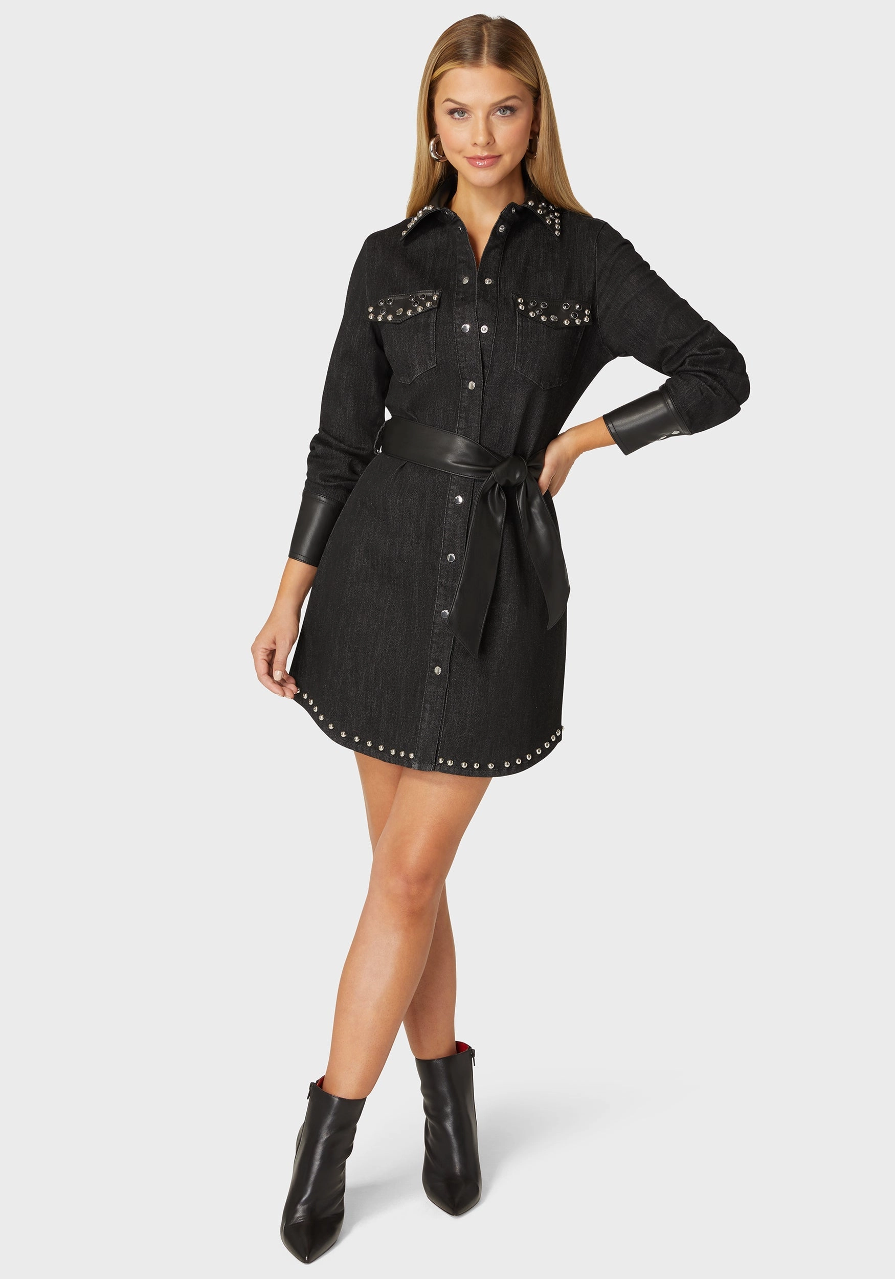 Airy Silk polka-dot Fitted Combo Vegan Leather Studded Denim Shirt Dress