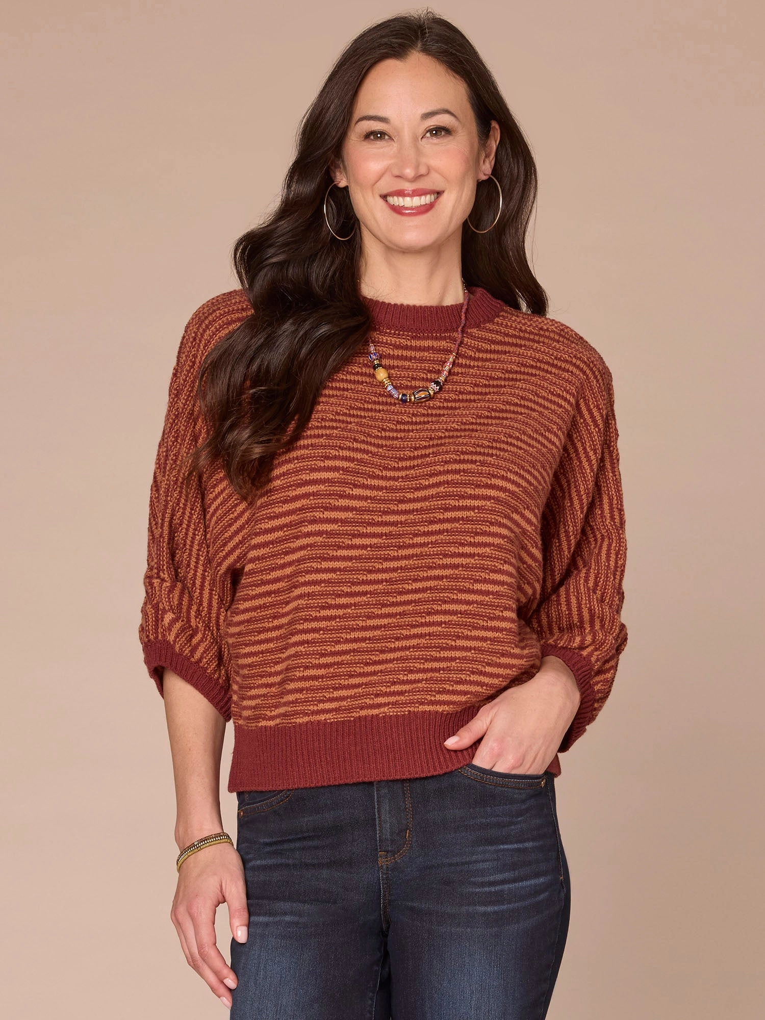 Pleated Dolman Sleeve Round Neck Banded Hem Bias Stitch Petite Sweater Layered Warmth