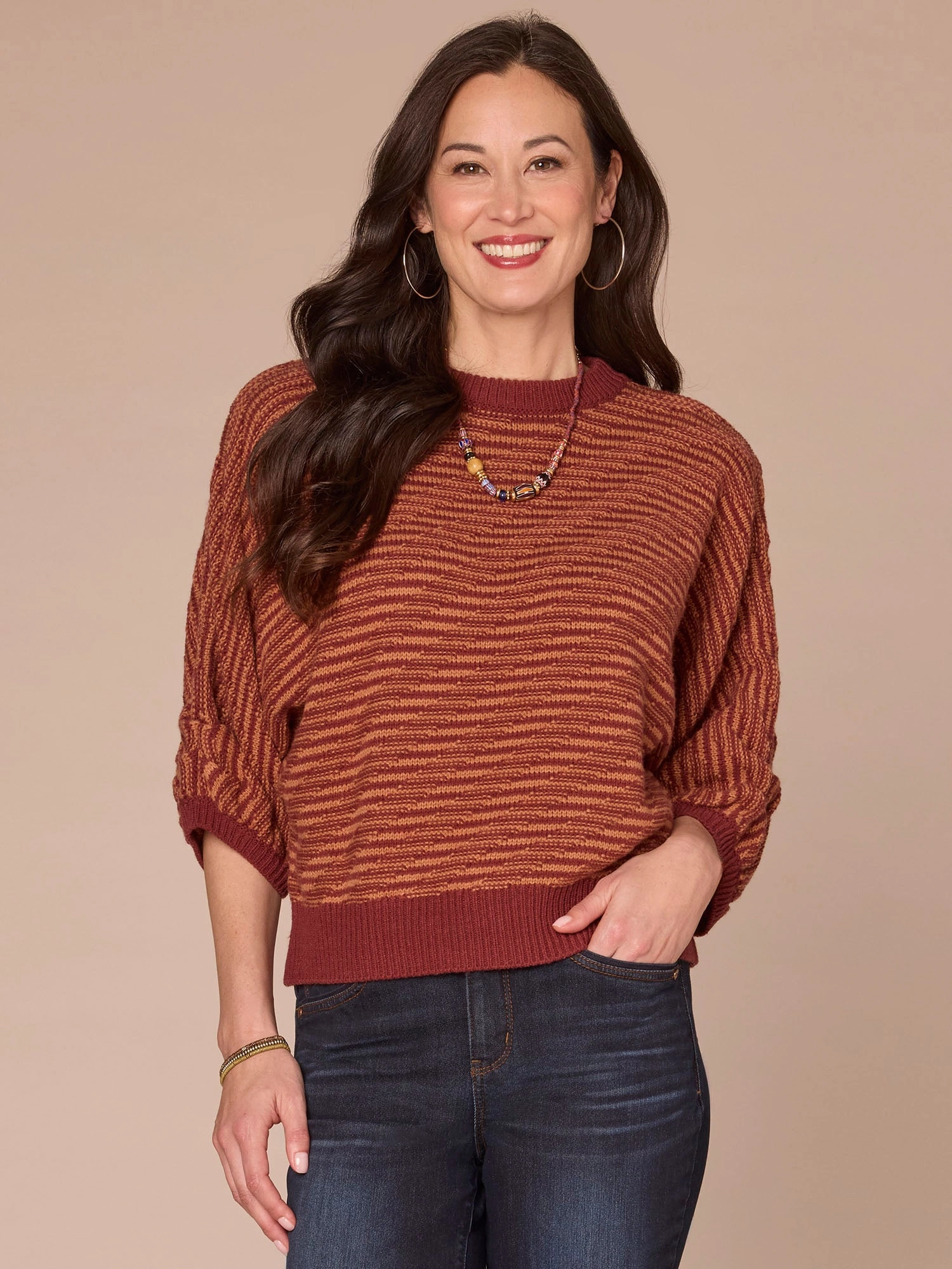 Pleated Dolman Sleeve Round Neck Banded Hem Bias Stitch Petite Sweater Relaxed Neckline Thermal Insulation Design