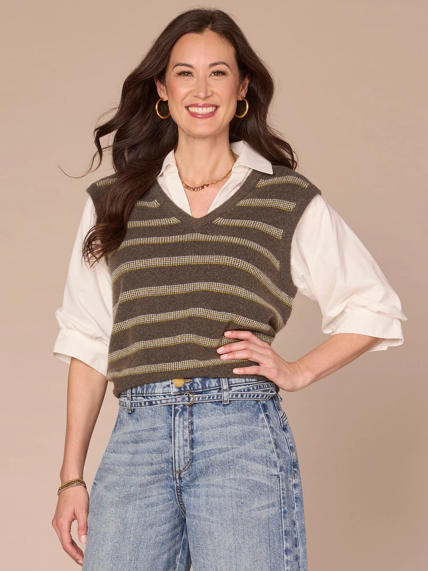 Blouson Sleeve Collared V-Neck Striped Twofer Petite Sweater Vest Hypoallergenic Wool Mix Versatile Outfit