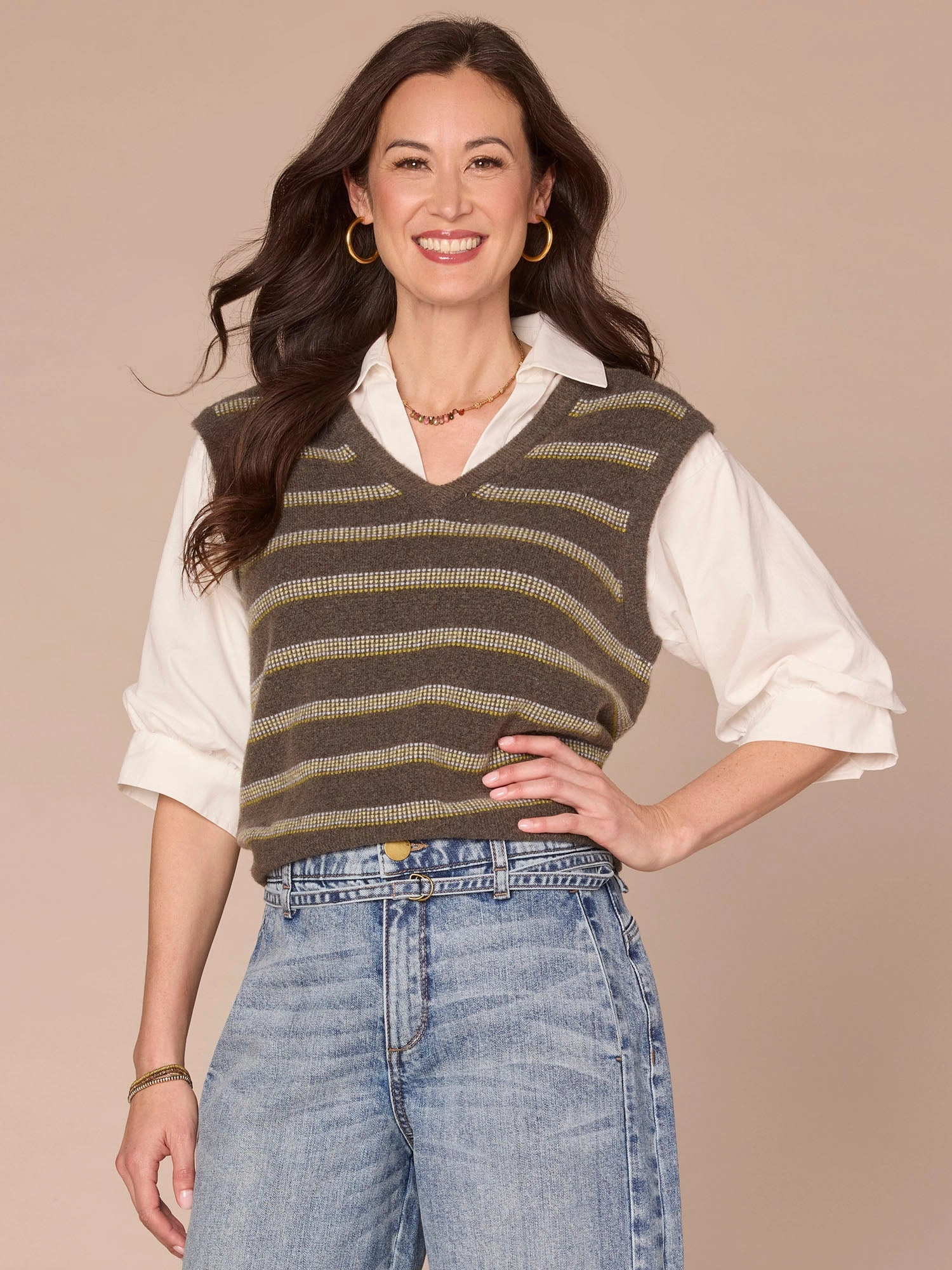 Cold Season Wear Blouson Sleeve Collared V-Neck Striped Twofer Petite Sweater Vest