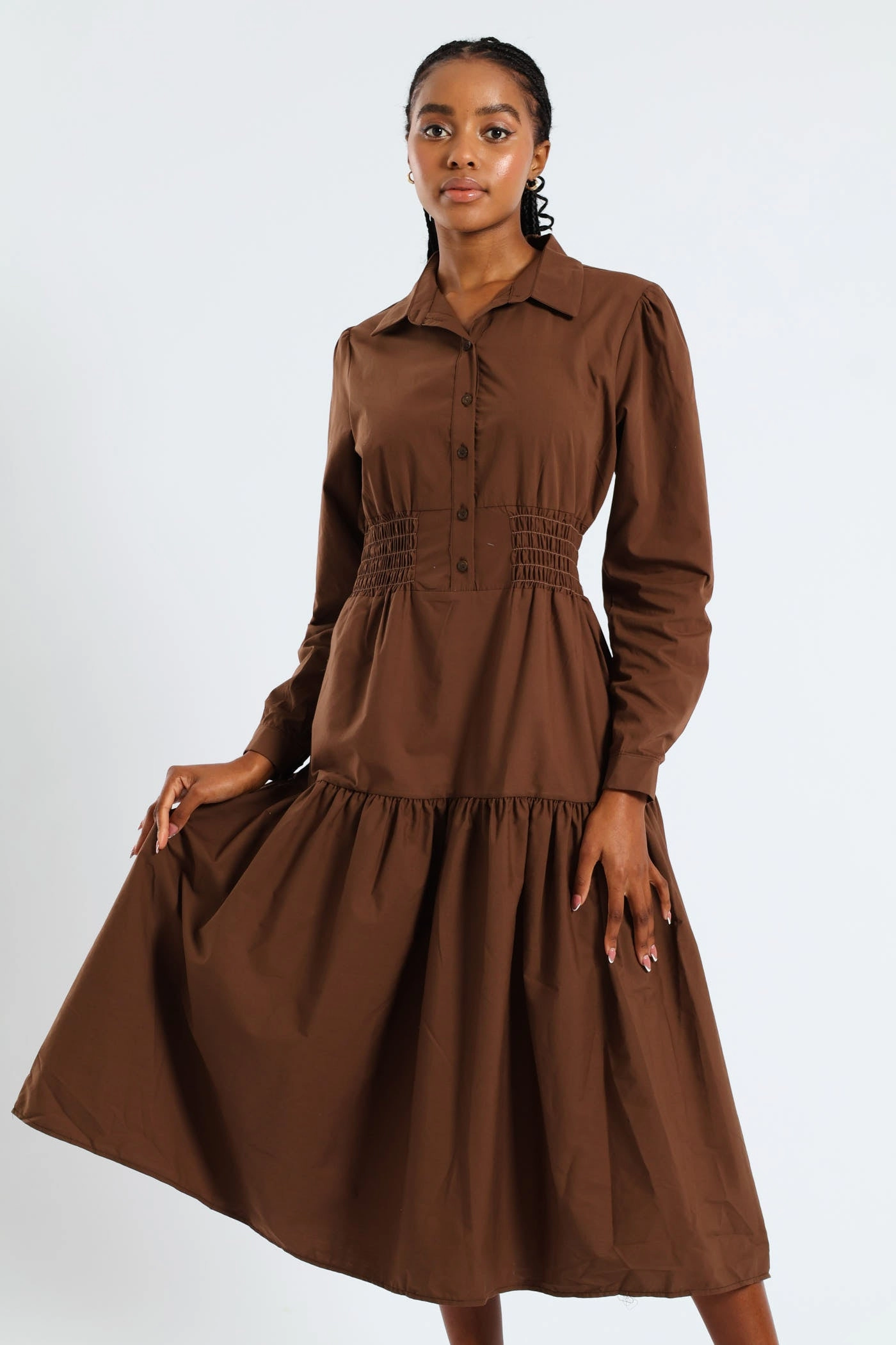 Long Sleeve Shirred Waist Tiered Midi Dress - Dark Brown Scalloped-Edge