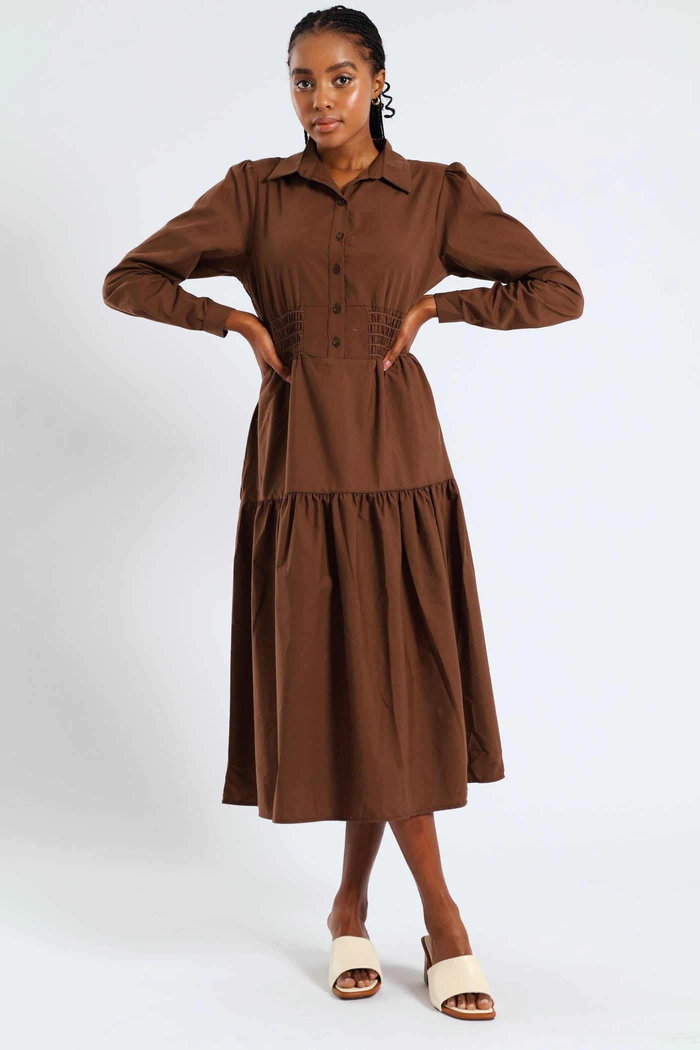 Long Sleeve Shirred Waist Tiered Midi Dress - Dark Brown Flowy Texture