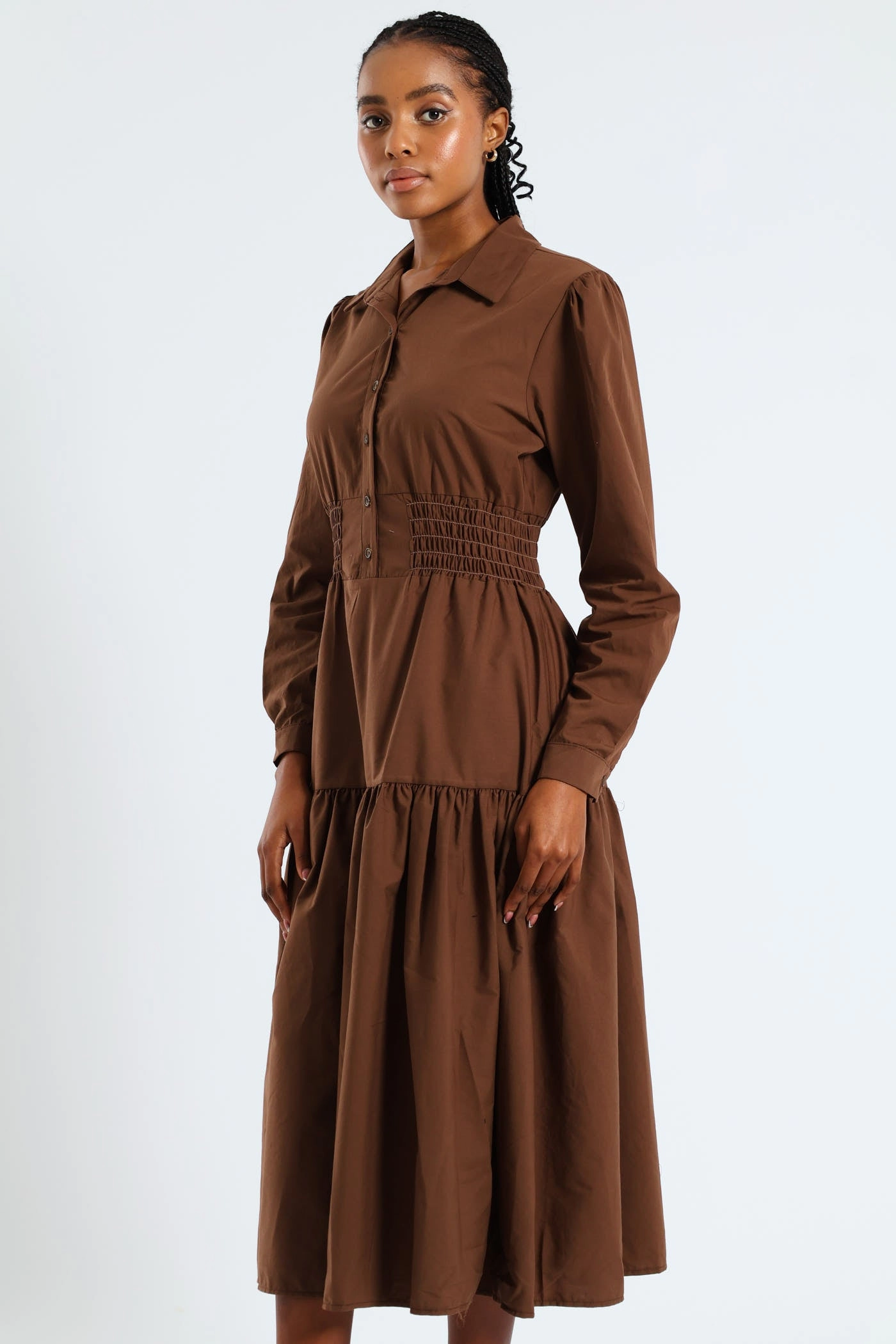 Long Sleeve Shirred Waist Tiered Midi Dress - Dark Brown Soft Tones Drawstring-Waist