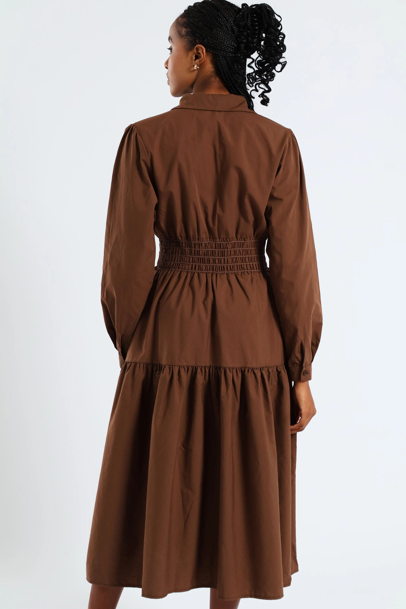 Open Design Long Sleeve Shirred Waist Tiered Midi Dress - Dark Brown
