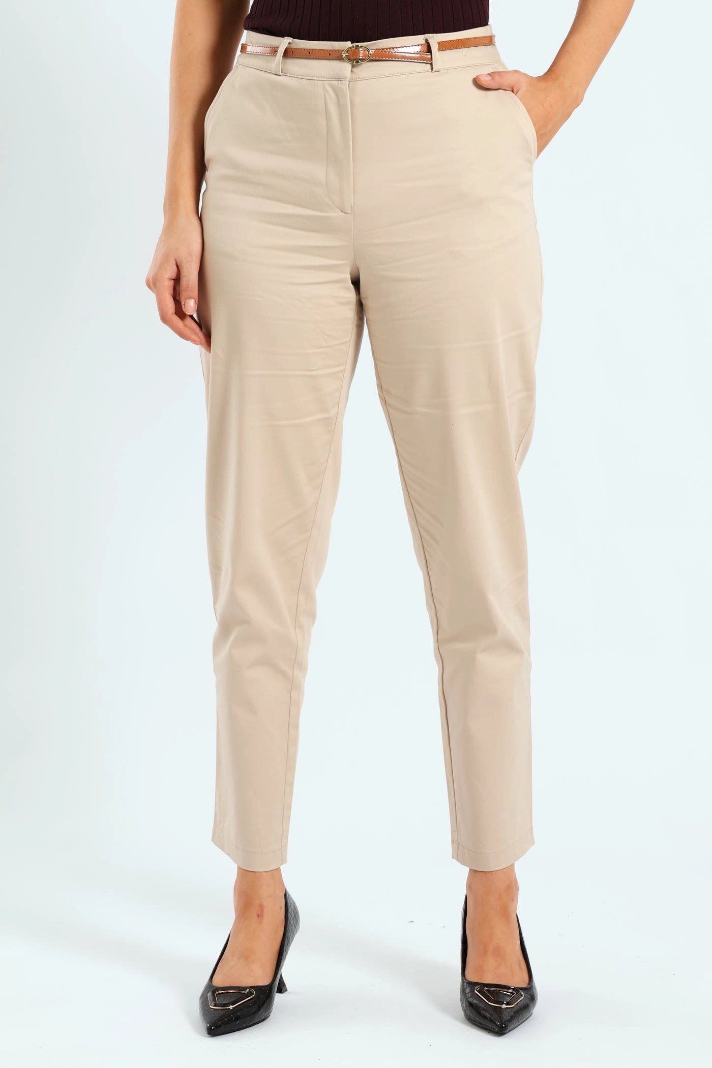 Stretch Support Chino Belted Pants - Cream