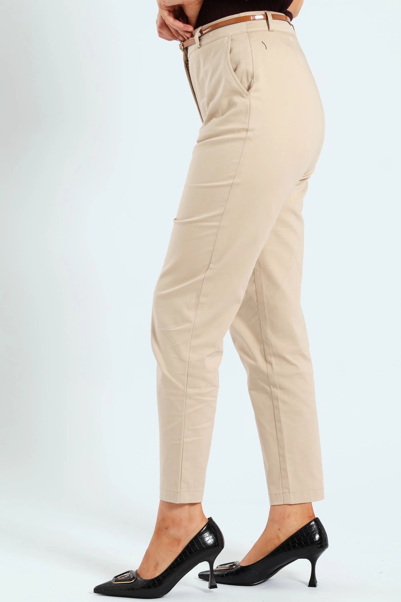 Ultra Soft MachineWashableFabric Chino Belted Pants - Cream