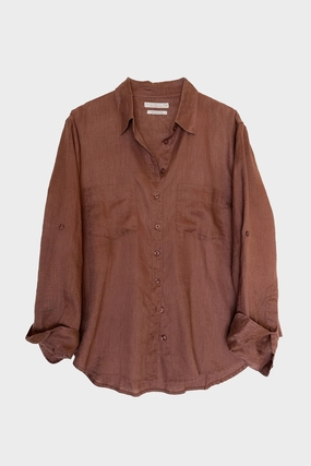 Traveler??s Choice Effortless Style Cinnamon Boyfriend Linen Shirt - HUT Collective