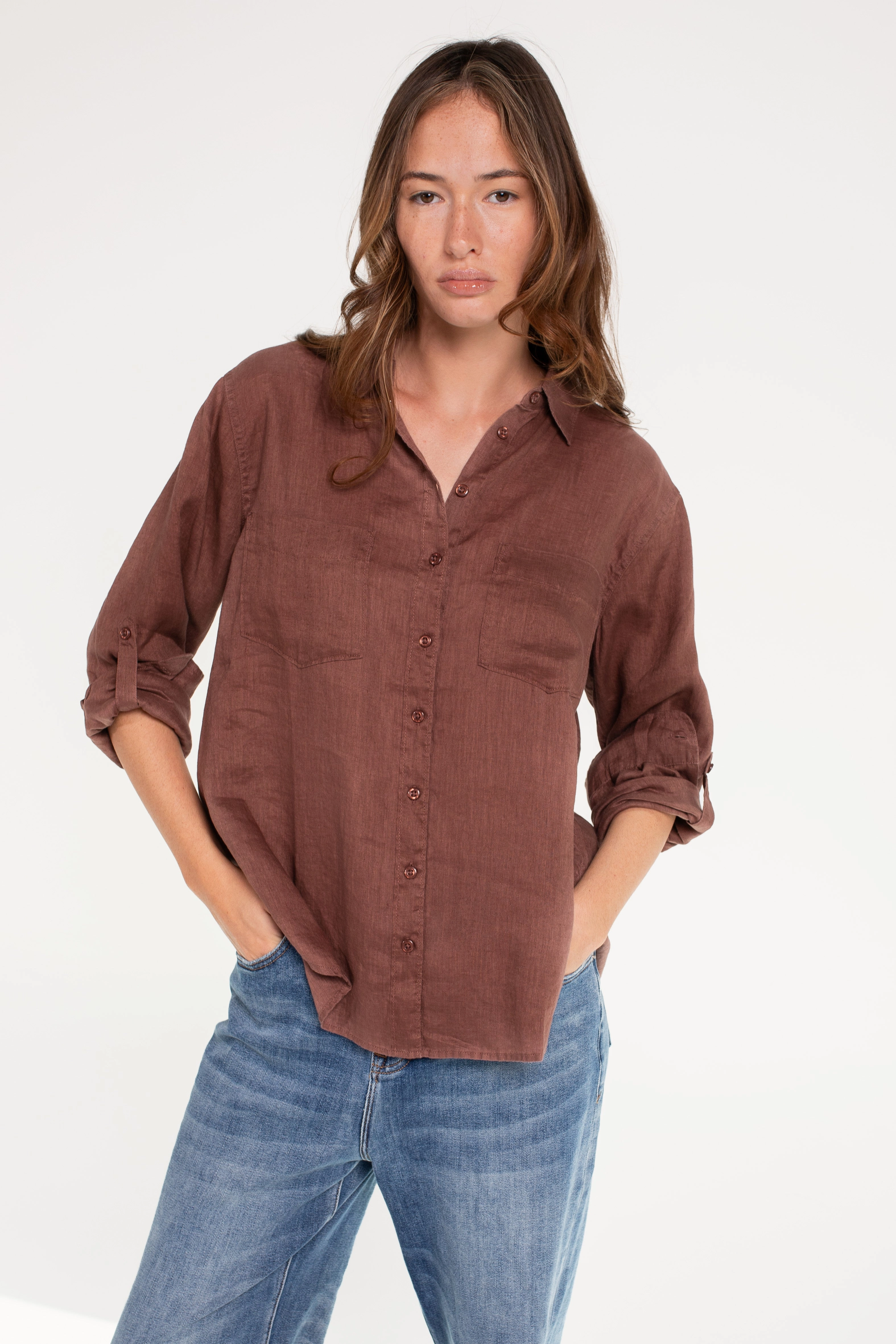 Camping Essential Cinnamon Boyfriend Linen Shirt - HUT Collective
