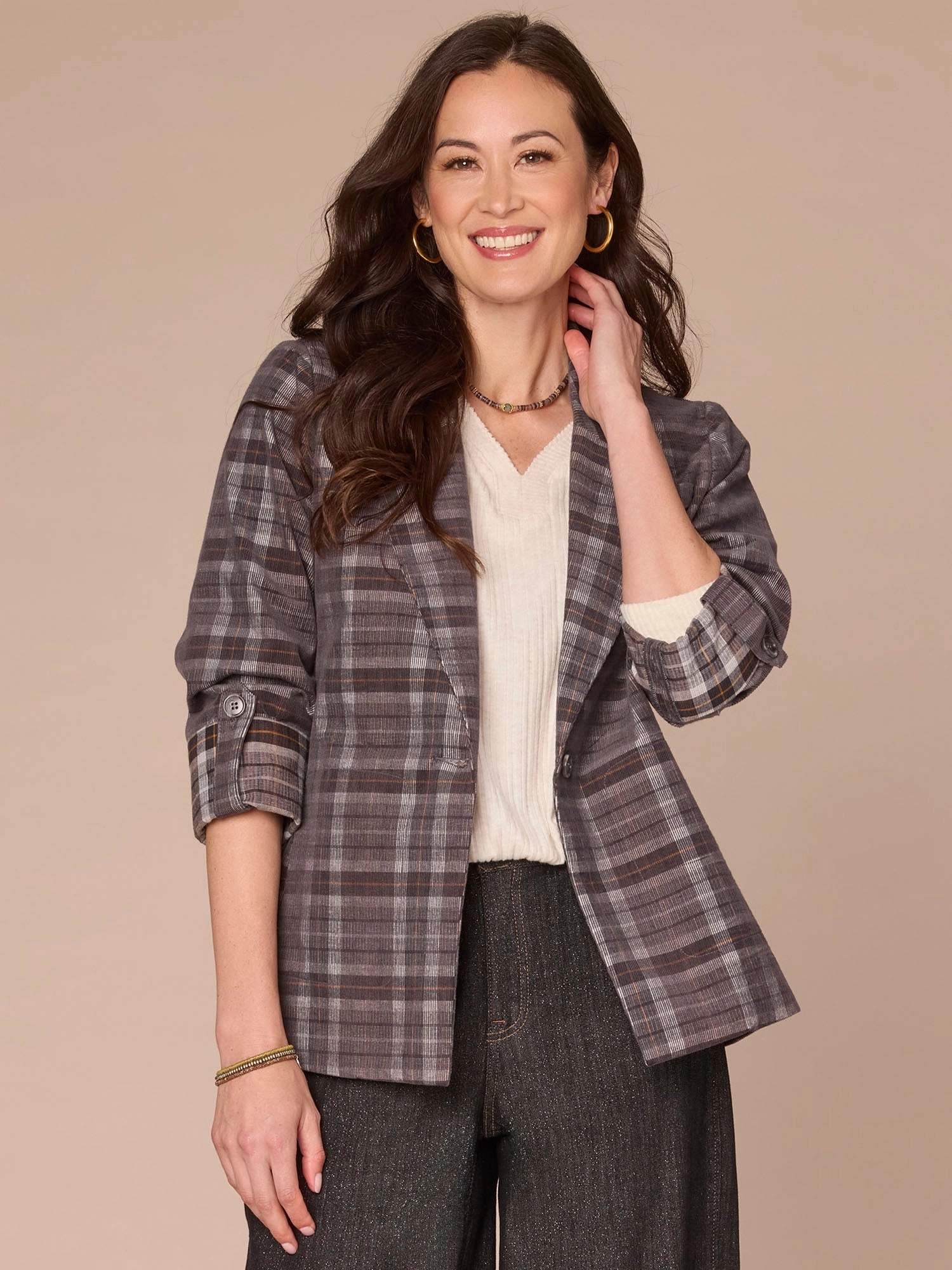 Roll Tab Sleeve Princess Seam Single Button Plaid Petite Woven Blazer Multipurpose Layering Windproof Technology