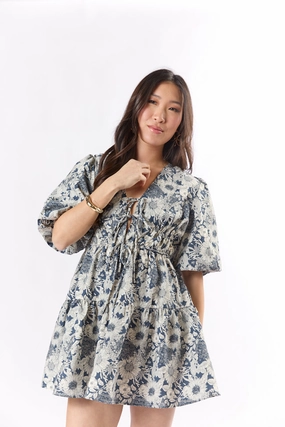 Build My Empire Navy Tie Front Floral Mini Dress FINAL SALE Polite Tone