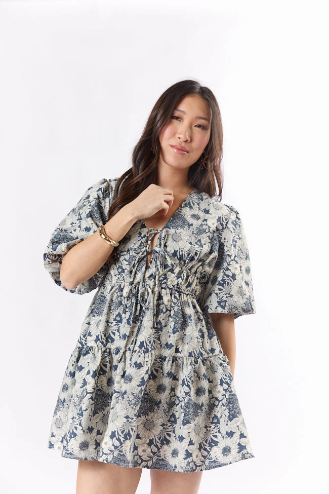 Build My Empire Navy Tie Front Floral Mini Dress FINAL SALE Polite Tone