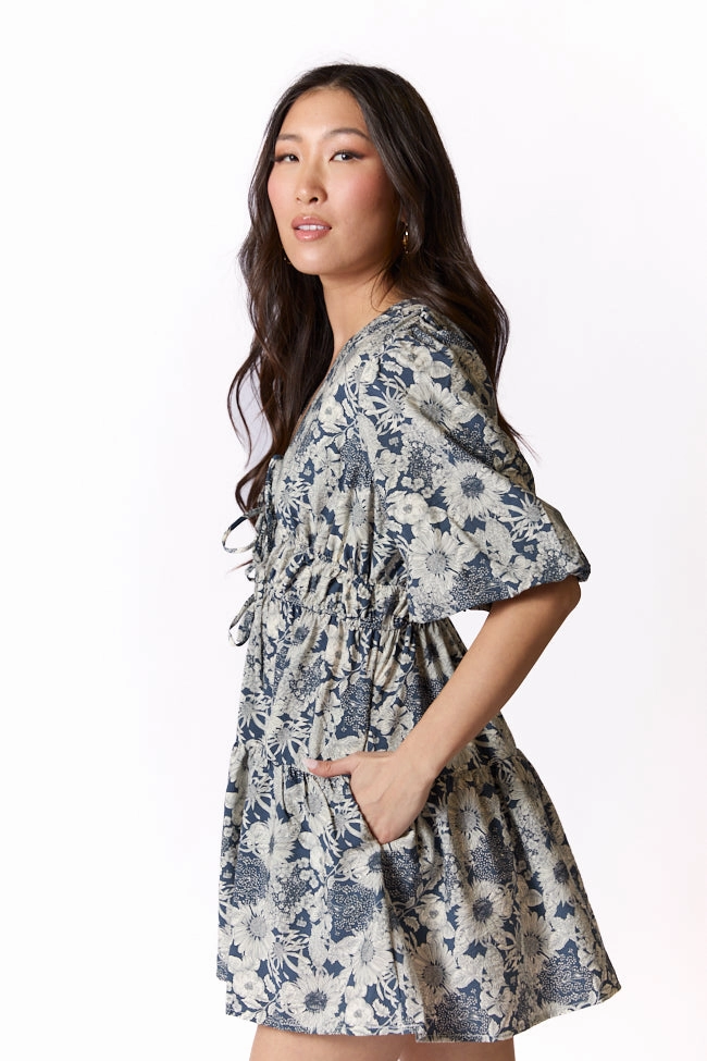 Breezy Fit Balanced Texture Build My Empire Navy Tie Front Floral Mini Dress FINAL SALE