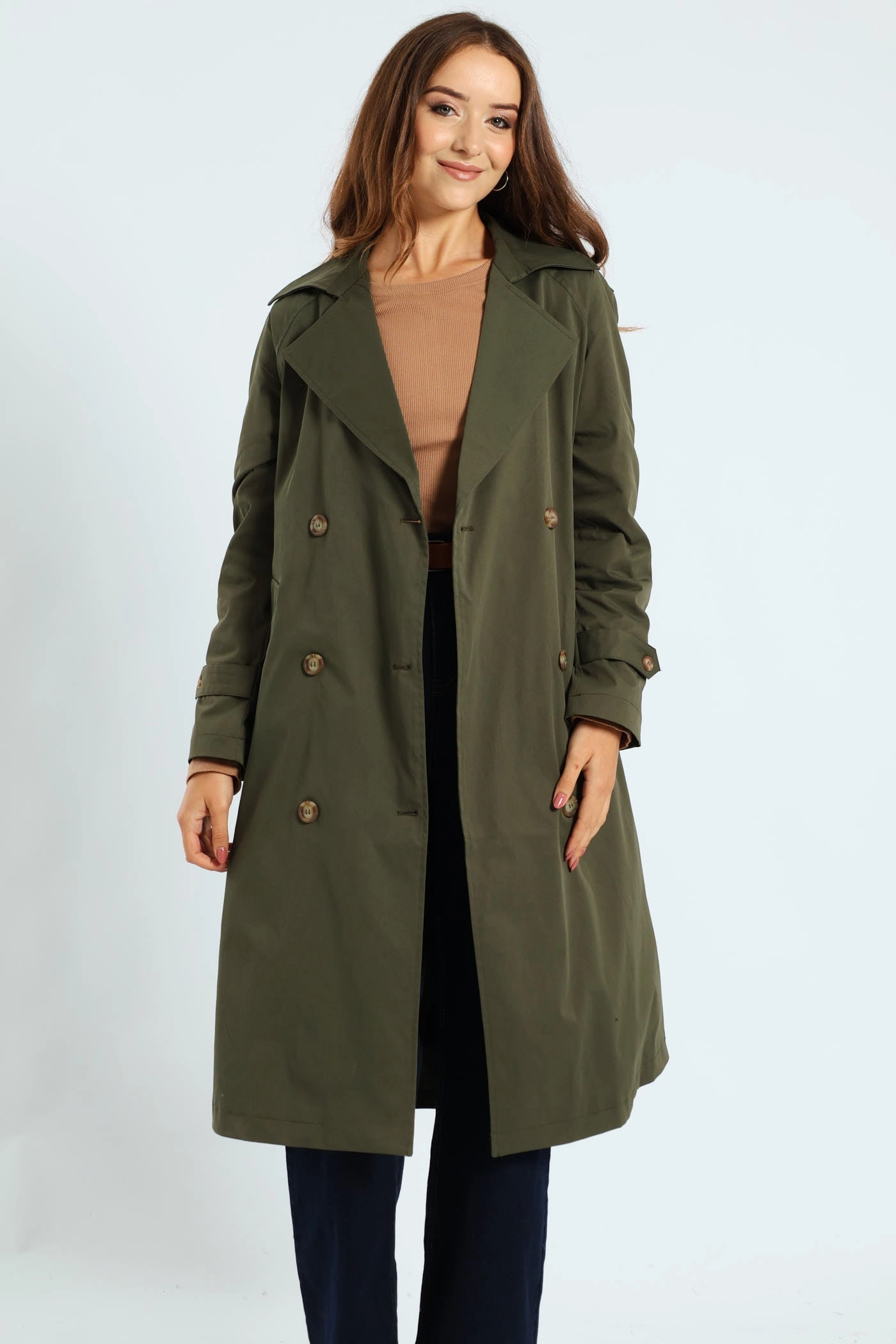 Classic Button Detail Trench Coat With Epaulettes - Dark Fatigue Layered construction