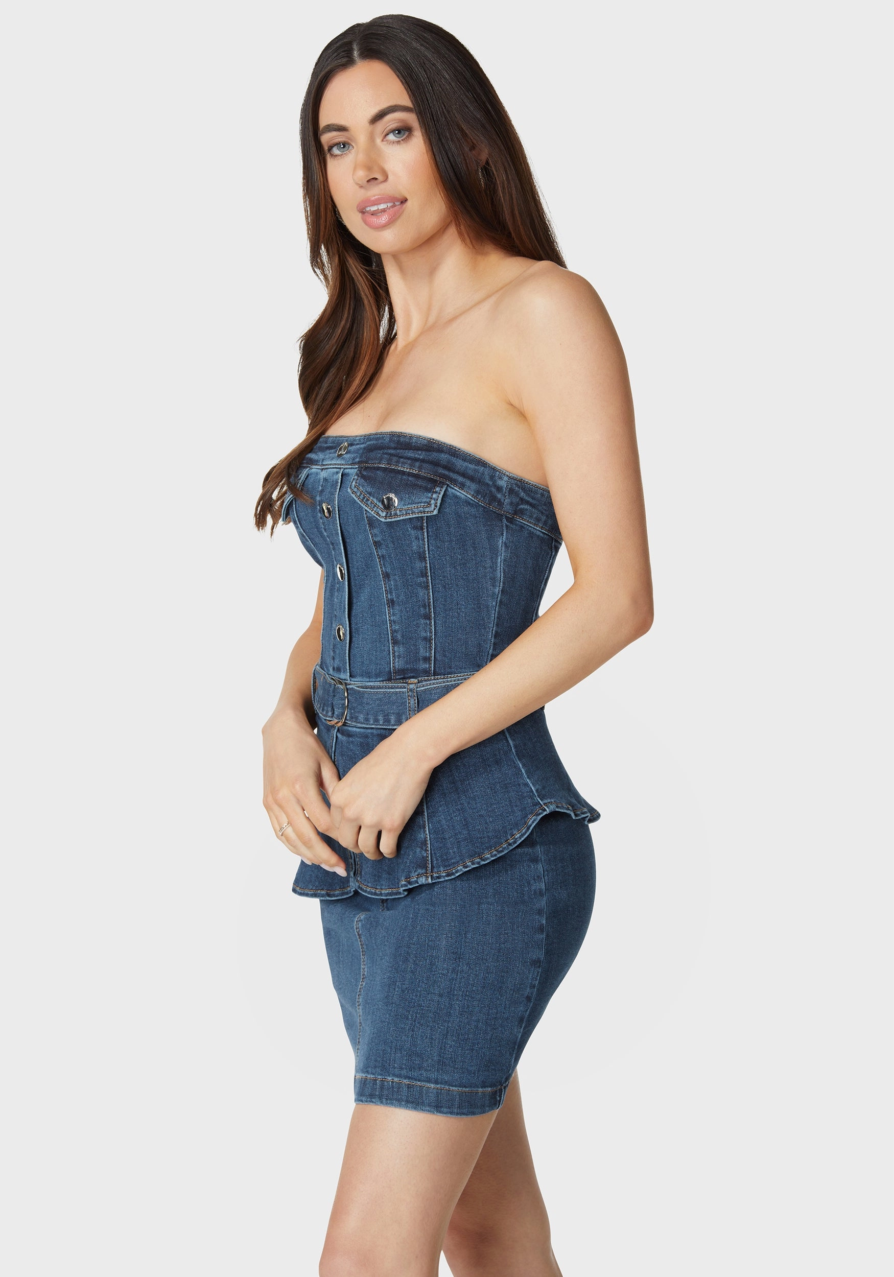 Daywear Comfort Playful-Detail Belted Peplum Denim Dress