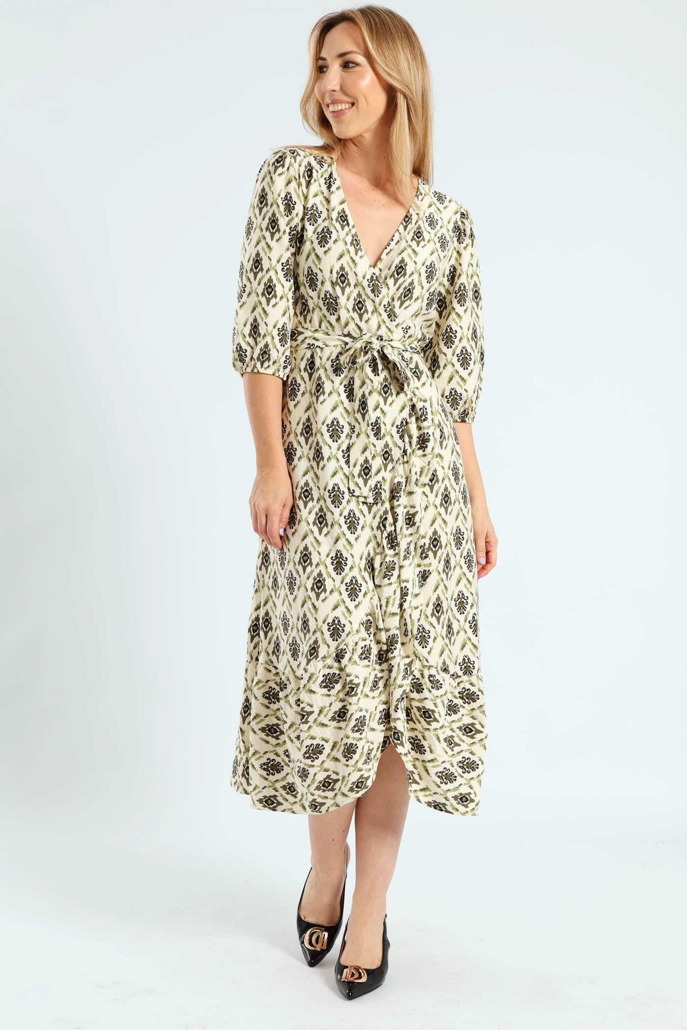 3/4 Sleeve Mock Wrap Frill Hem Midi Dress - Fatigue/Stone All-Purpose Comfort