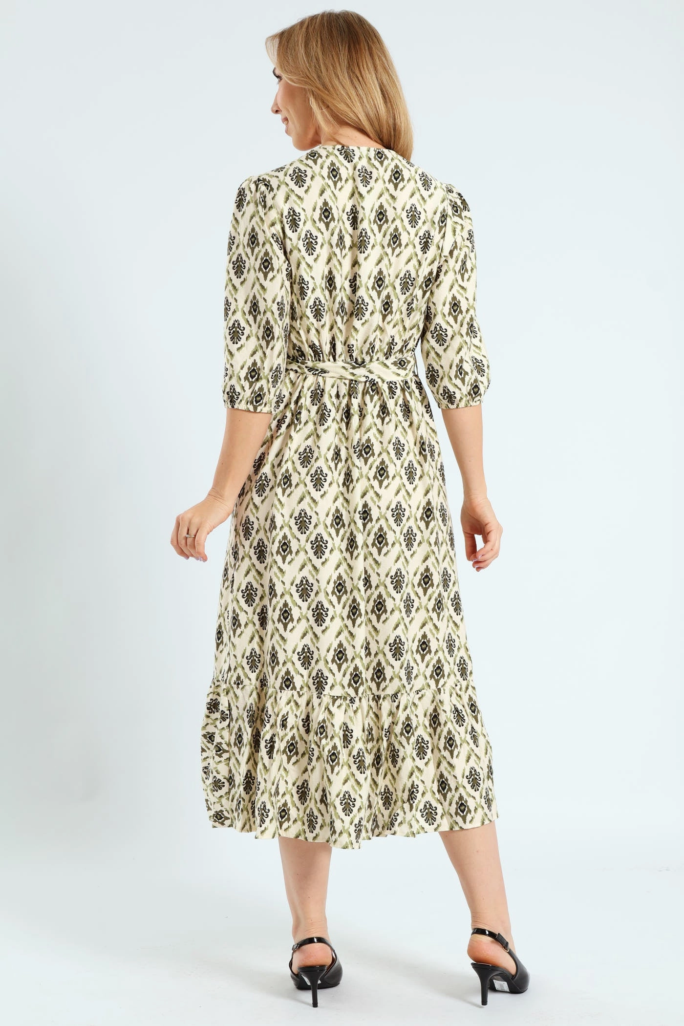 3/4 Sleeve Mock Wrap Frill Hem Midi Dress - Fatigue/Stone Flare Breeze