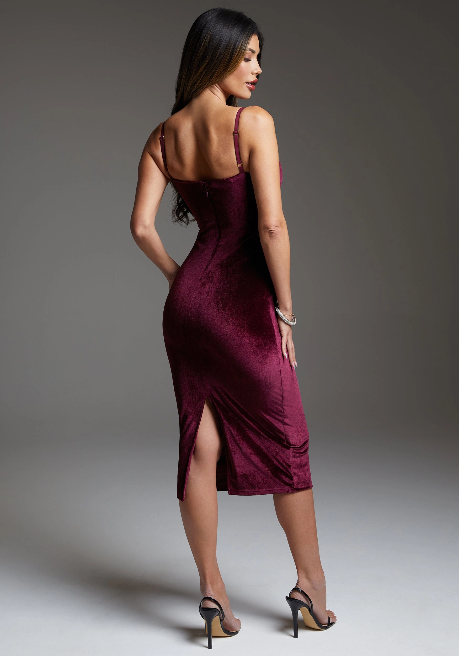 Soft Structure bebe Velvet Midi Dress Embellished With Crystals by Swarovski