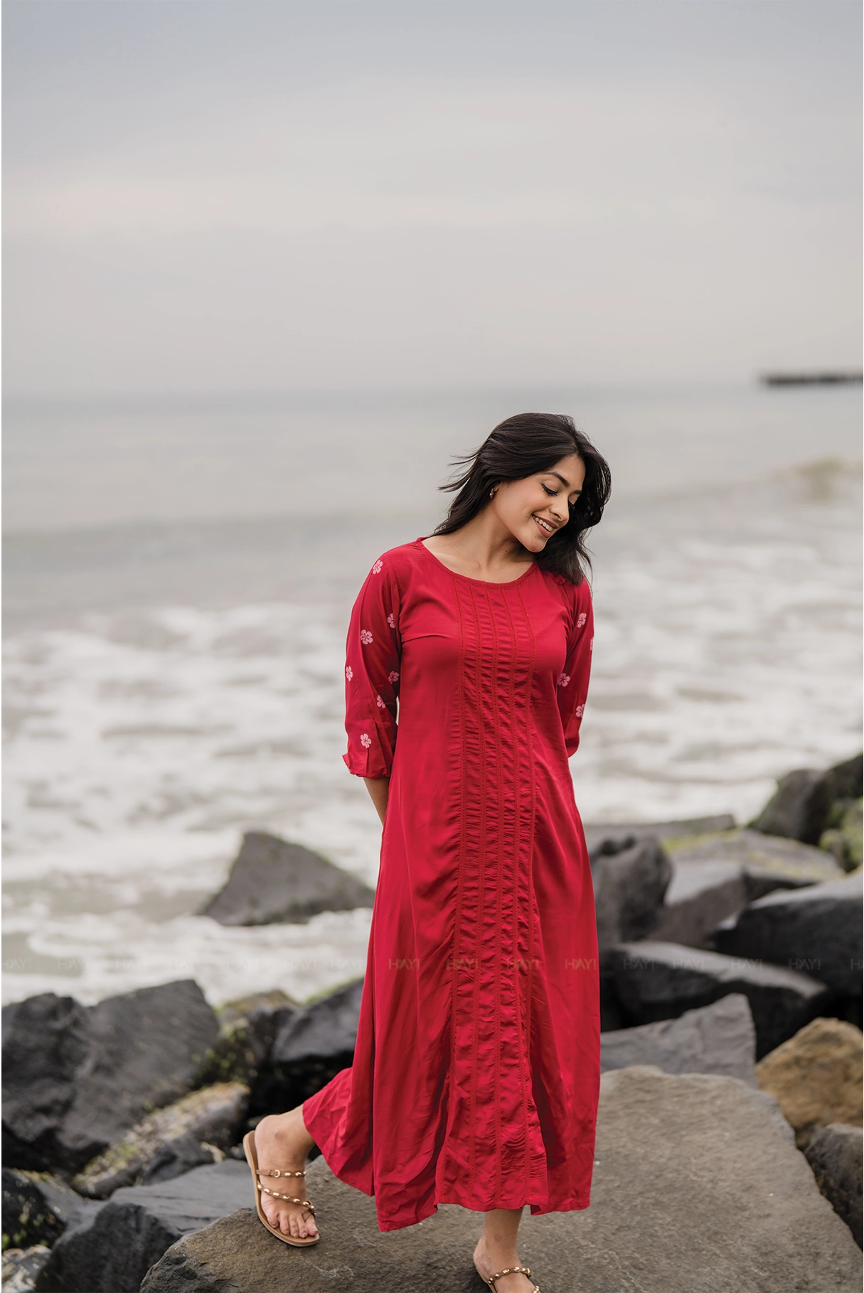 Balanced Fit Body Confidence Lava Red with Lacey Daisy printed Viscose A-line Dress