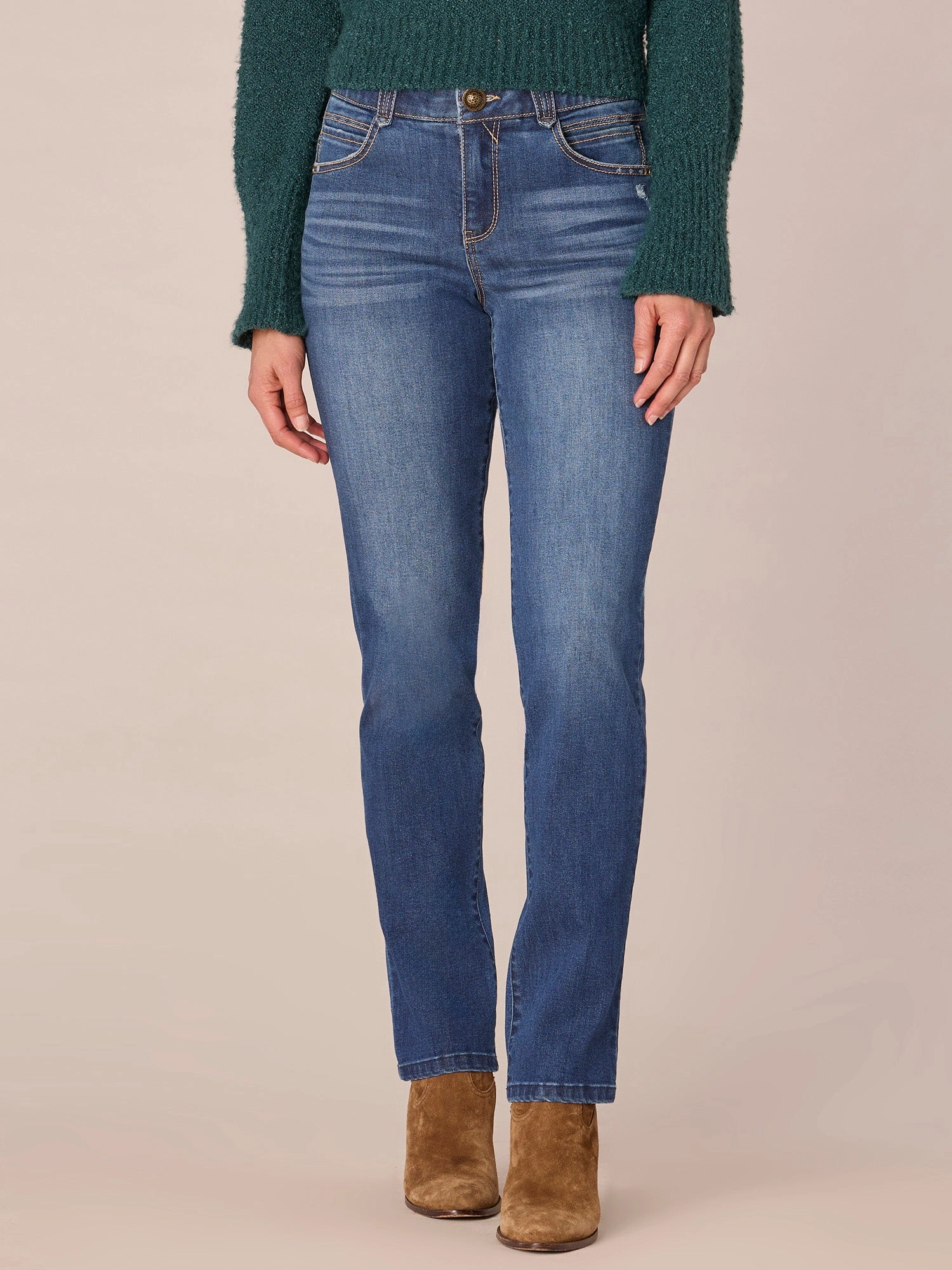 Non Restrictive Cut Lightweight Earthy Nature Lover "Ab"solution Mid-Rise Straight Leg Petite Jeans with Angled Dart Seams