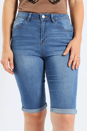 Belt loops Smart Look Classic Roll Hem Bermuda Supersoft Denim Short - Light Wash