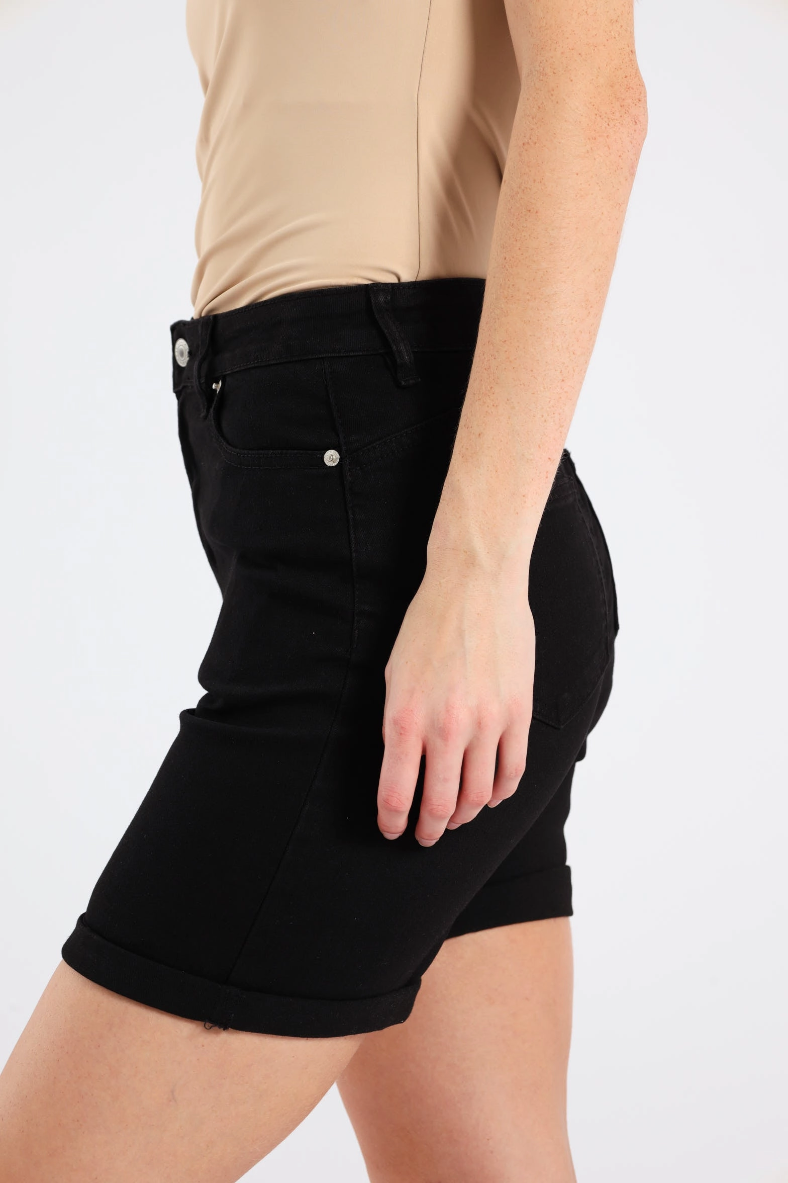 Classic Roll Hem Mid Thigh Supersoft Denim Short - Black Breathable Performance Relaxed Cut
