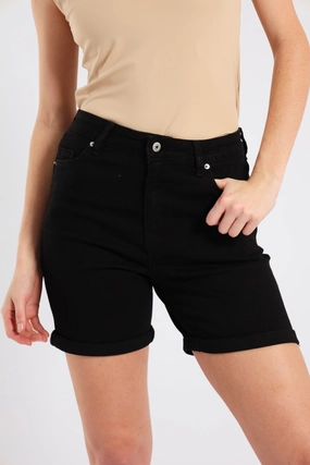Classic Roll Hem Mid Thigh Supersoft Denim Short - Black Eco friendly materials