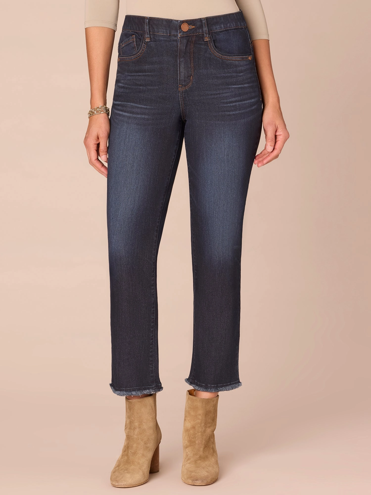 Seamless Waistband Finish Basic Outfit ??Ab??solution? High Rise Petite Slim Straight Jeans with Cascading D