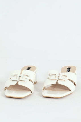 Metal Insert Mule Heel With Wide Vamp & Trim - White Elegant Slip-On Heels Chic Appeal