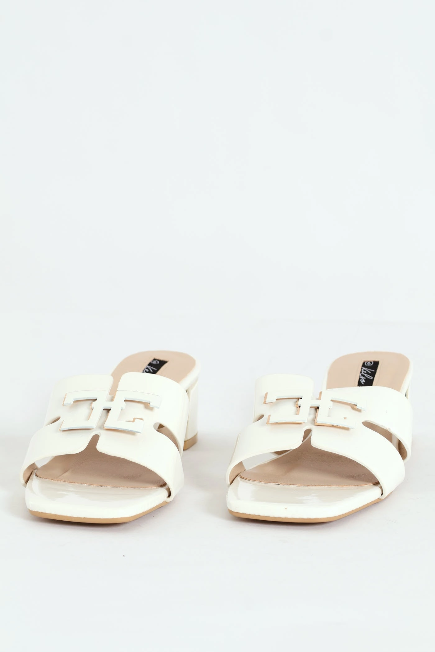 Metal Insert Mule Heel With Wide Vamp & Trim - White Elegant Slip-On Heels Chic Appeal