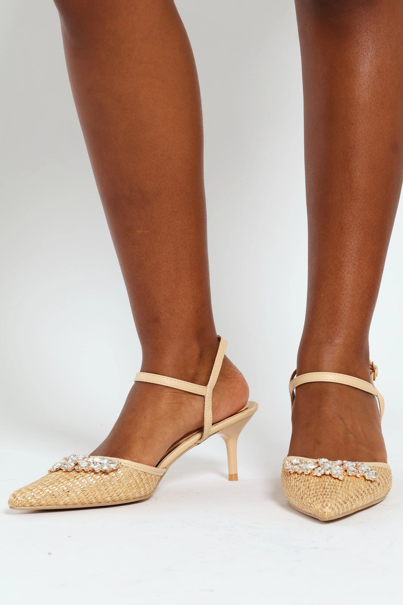 Plain Strap Flower Crystal Trim Mule Heel - Gold Fashionable Sandals