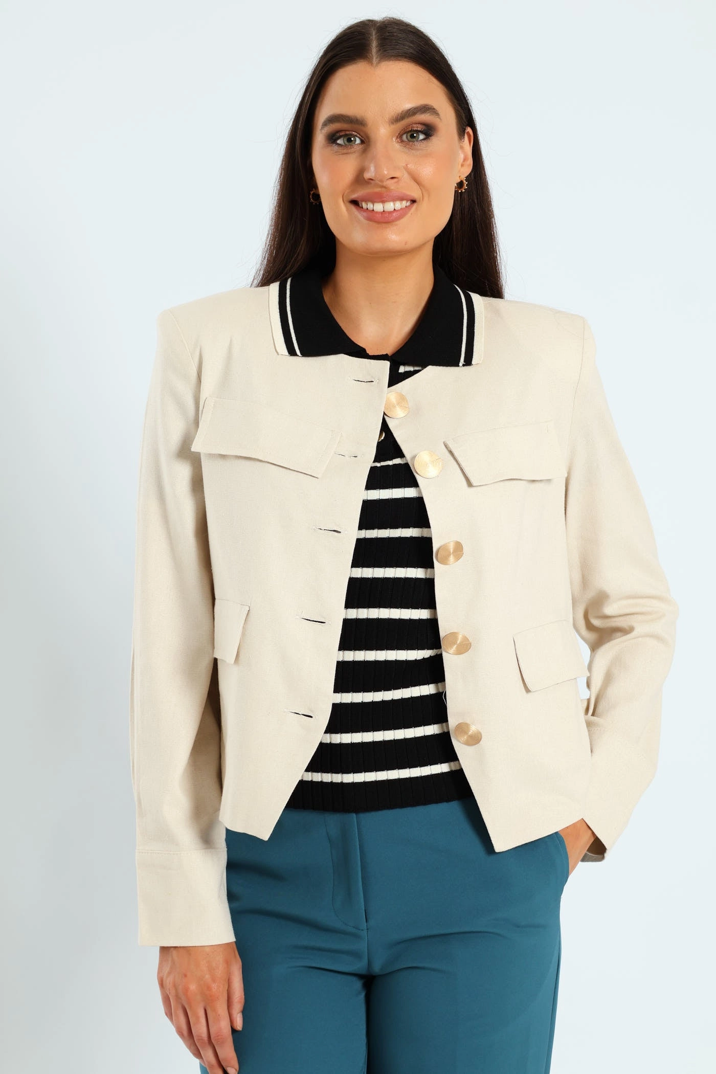 Reinforced Seam Construction OdorResistantFabric Collarless Linen Blazer - Cream