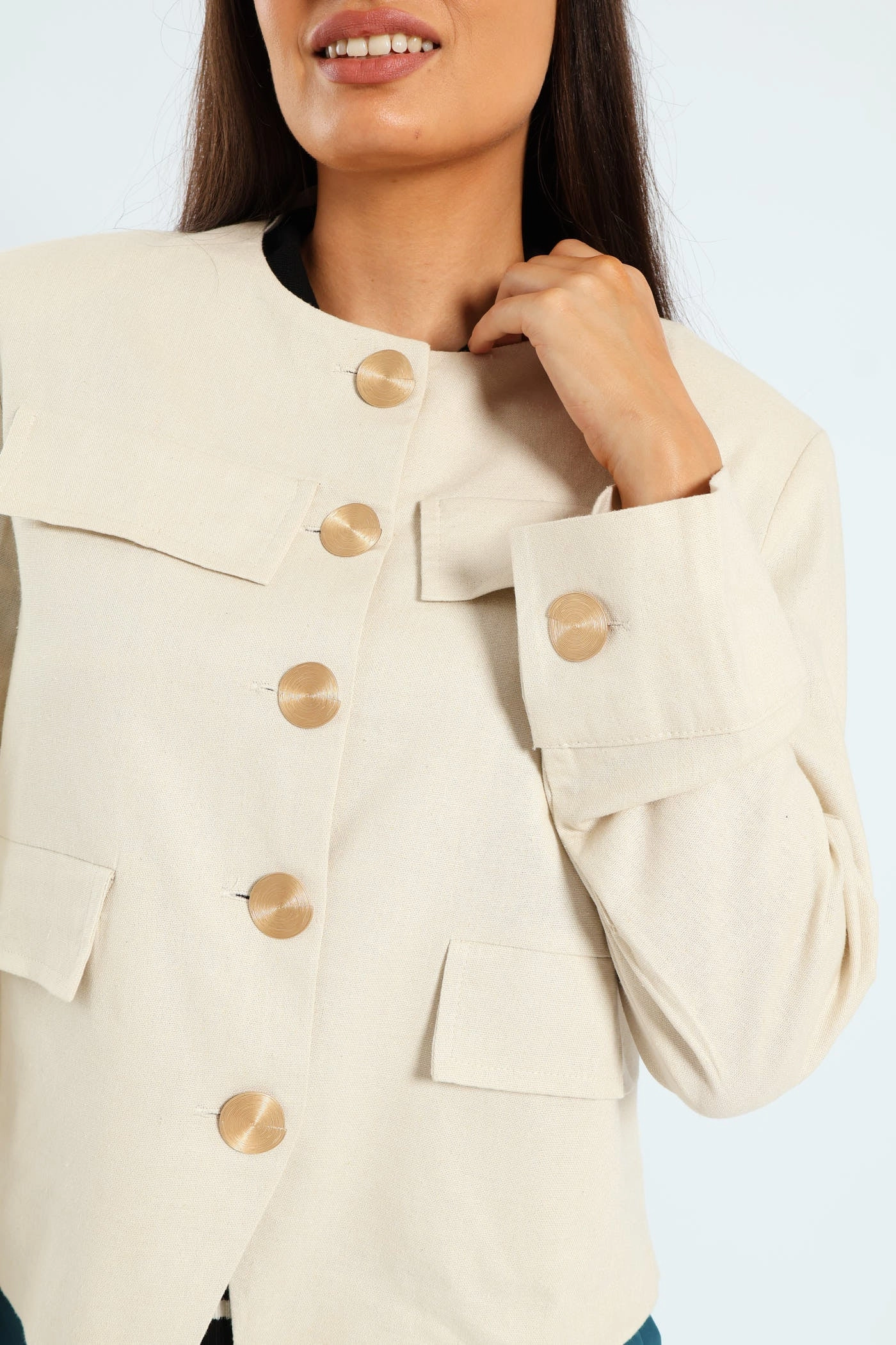 Classic Cut Collarless Linen Blazer - Cream
