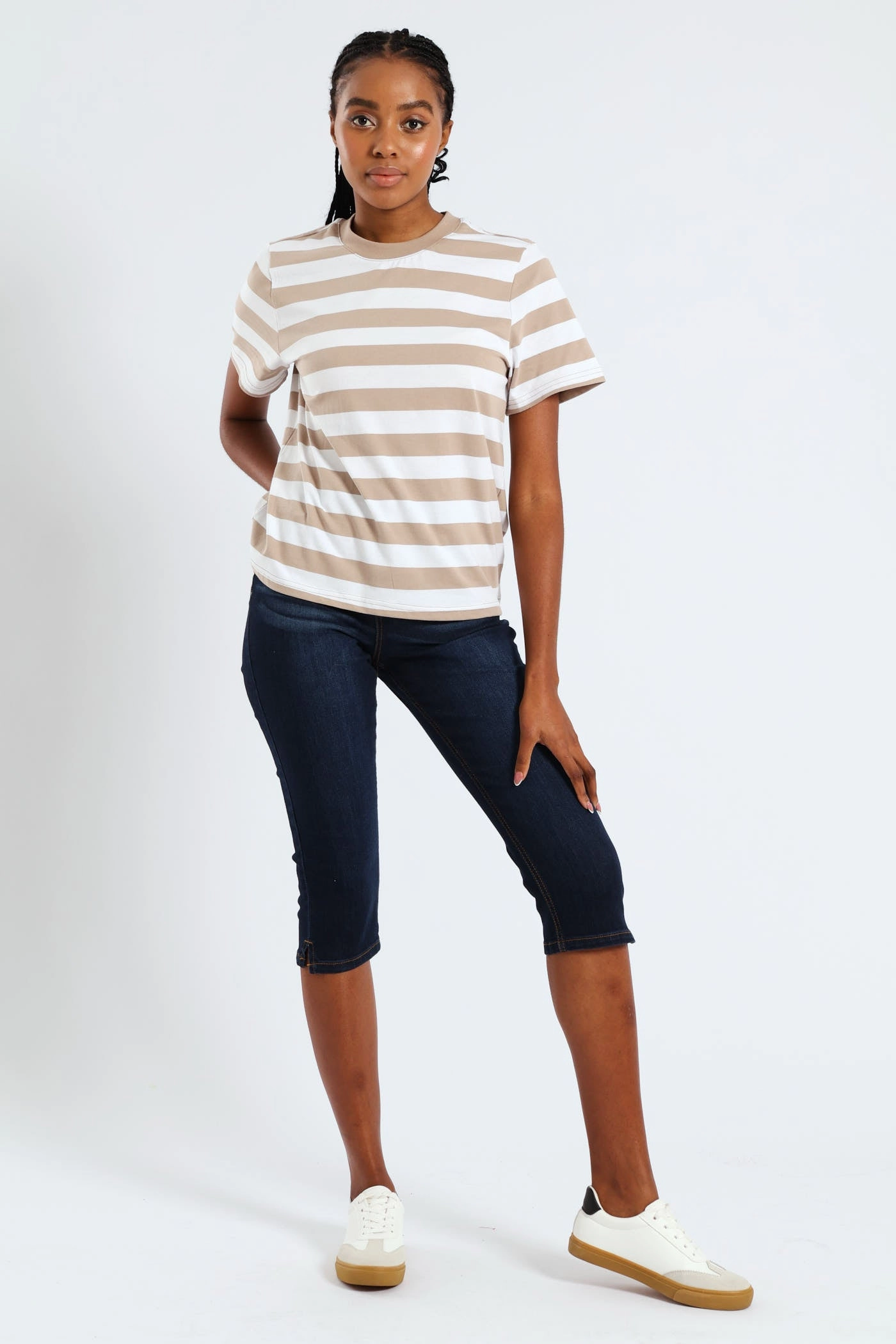 Plain Rib Neck Bold Stripe Boxy Tee - White/Mocha VNeckReinforcement