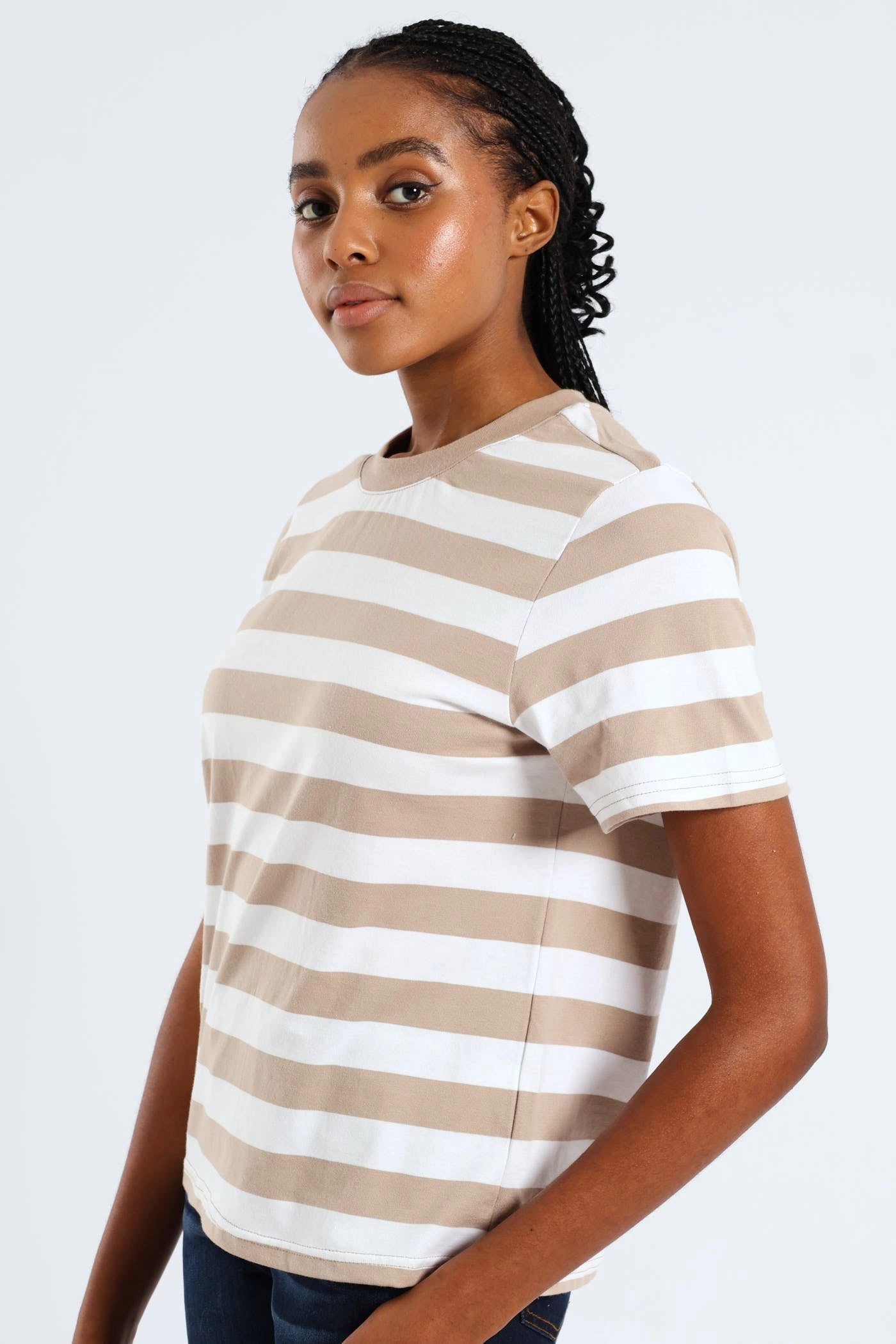 All Season Wear Fabric Bonded Seam Construction Plain Rib Neck Bold Stripe Boxy Tee - White/Mocha