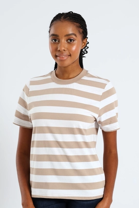LayeredStyling Non Closure Collar Plain Rib Neck Bold Stripe Boxy Tee - White/Mocha