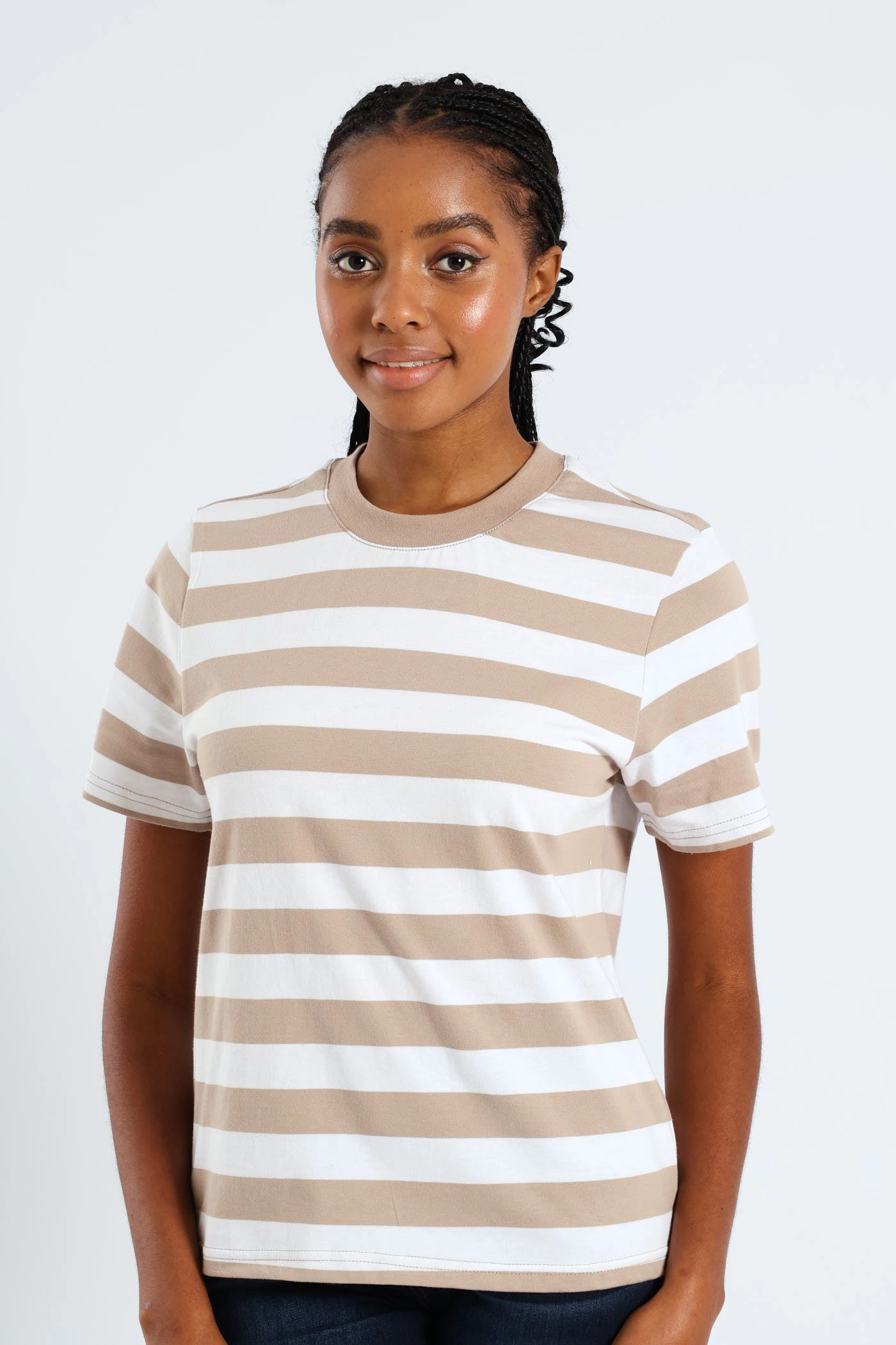 LayeredStyling Non Closure Collar Plain Rib Neck Bold Stripe Boxy Tee - White/Mocha
