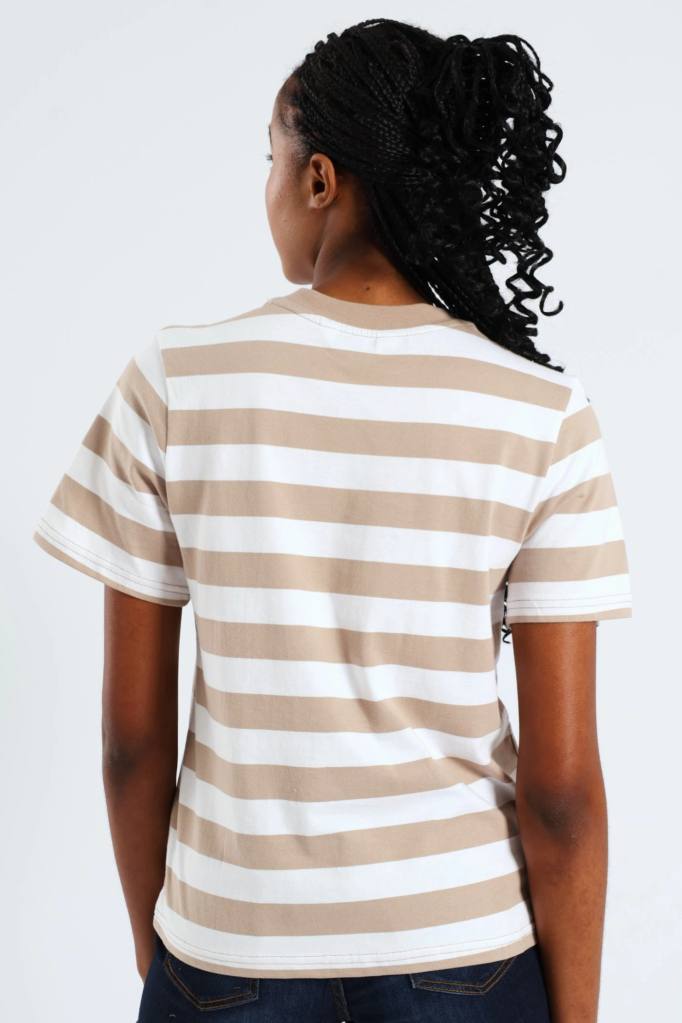 Relaxed Top Microfiber Blended Fabric Plain Rib Neck Bold Stripe Boxy Tee - White/Mocha