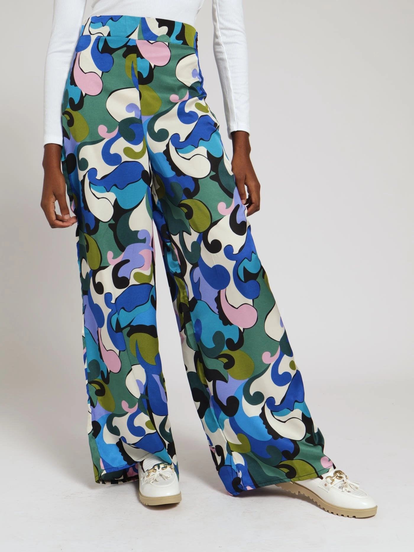 Colourful Swirl Satin Wideleg Pants All-Day Wear LightweightComfort