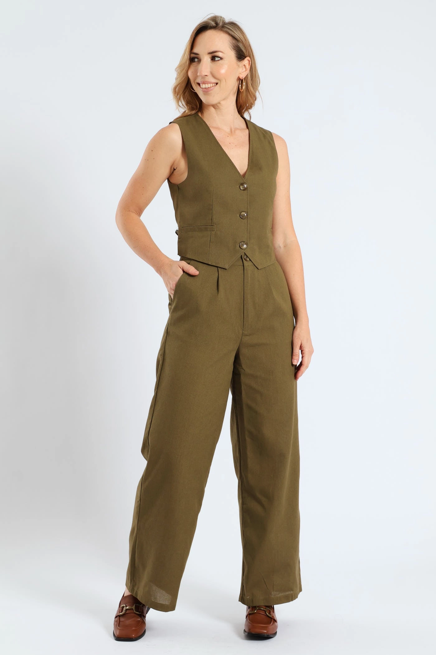 Pintuck Tailored Wide Leg Linen Pants - Burnt Olive Sporty Fit Design
