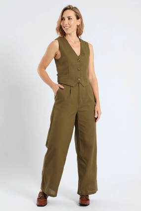 Pintuck Tailored Wide Leg Linen Pants - Burnt Olive Sporty Fit Design