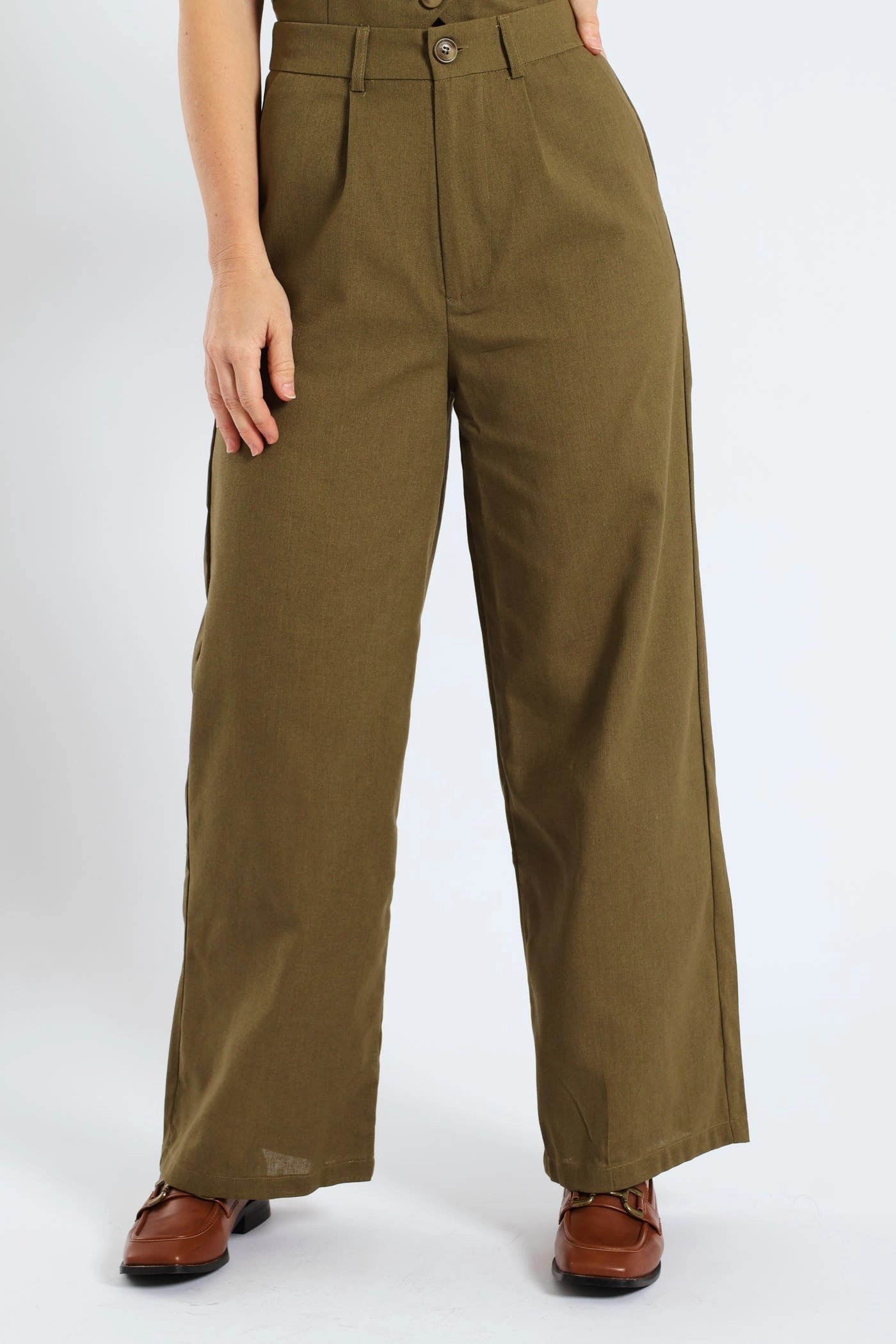 Quick Dry Wear StainResistantFinish Pintuck Tailored Wide Leg Linen Pants - Burnt Olive