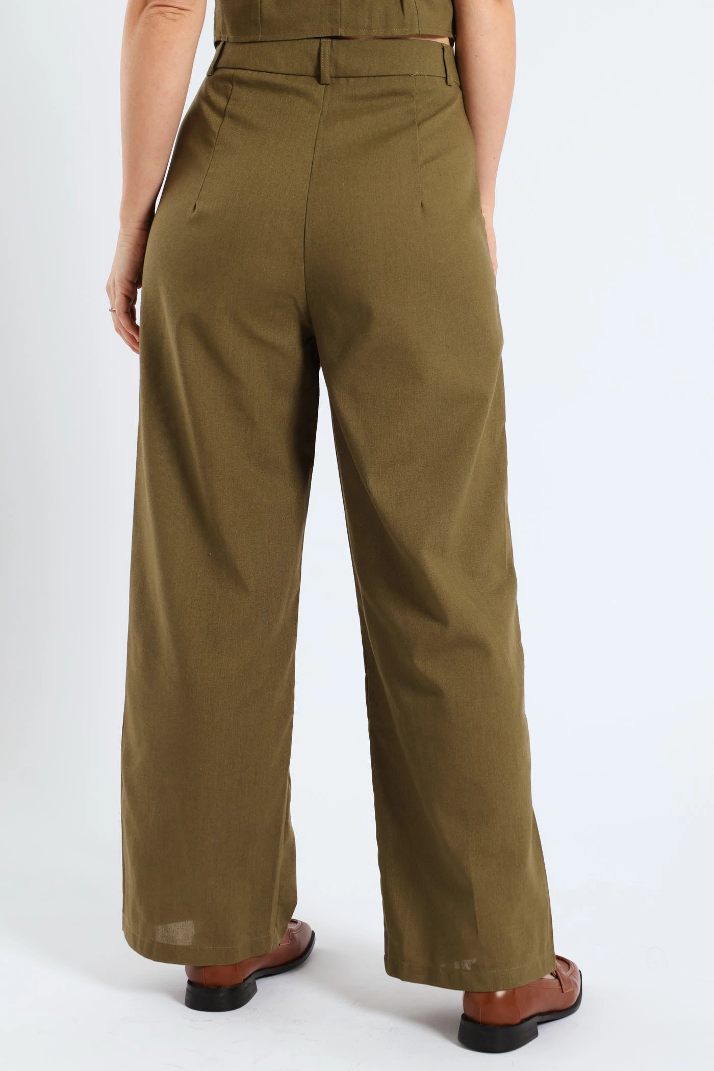 Pintuck Tailored Wide Leg Linen Pants - Burnt Olive Smart Style Slimline Fit